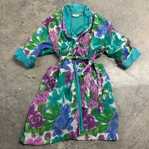 Vtg Y2k Victoria’s Secret Teal‎ Floral Belted Robe One Size Retro Quiet Luxury